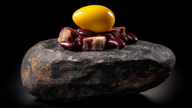 Modern gourmet food presentation with yellow egg yolk and diced meat on a dark stone plate