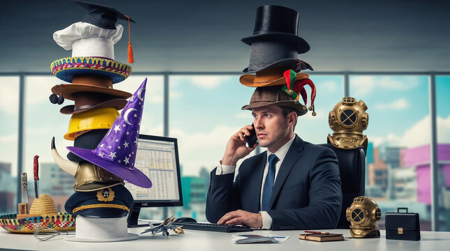 Stressed businessman wearing massive stack of hats multitasking concept