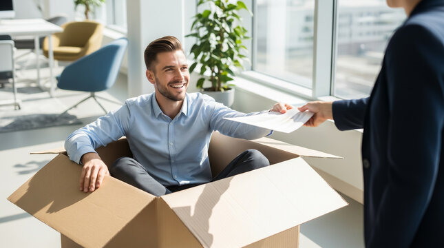 Businessman working inside giant cardboard box office humor concept