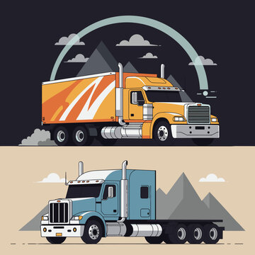 Two distinct semi-trucks are depicted in a stylized illustration, one orange and yellow with a trailer, the other blue and flatbed, set against a backdrop of mountains and clouds.