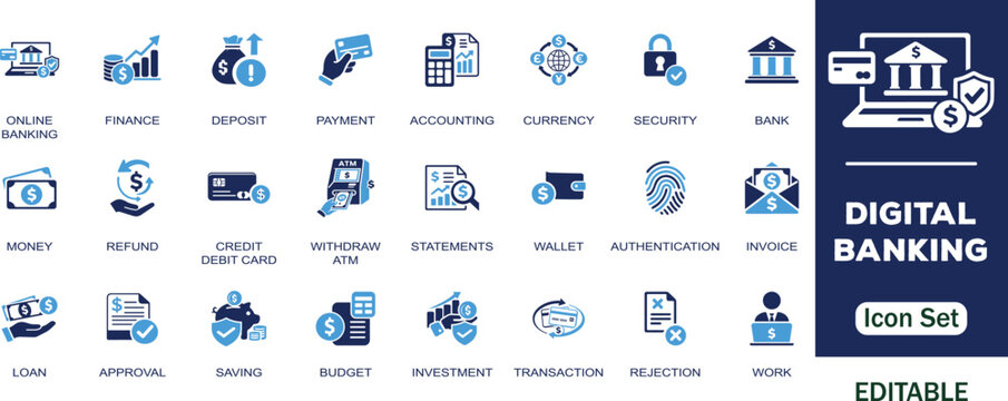 Digital banking editable solid icon set. Containing finance, bank, deposit, accounting, security, budget, cryptocurrency, mobile payment,blockchain, services and more vector icons collection.


