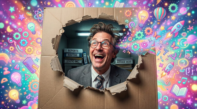 Serious businessman bursting through cardboard box creative concept