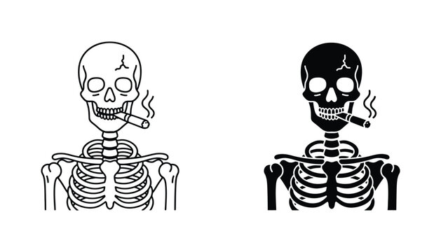 Skull smoking cigar logo design featuring detailed skeletal anatomy and edgy street wear aesthetic for gothic branding and rebellious skull vector graphics