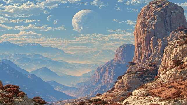 Surreal Alien Mountain Range with Giant Planet and Moons in Cloudy Sky, Rocky Cliffs and Hazy Layered Valleys, Sci-Fi Fantasy Scenery