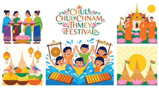 Cambodian new year celebration chul chnam thmey festival vector set.