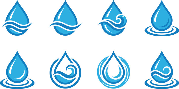 Set of blue water drop icons with wave and circle designs for nature and environment concepts