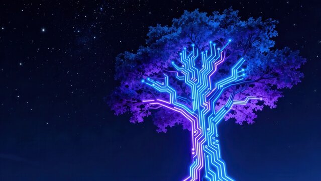 Neon circuit tree against starry sky