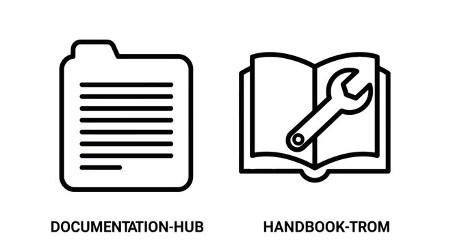 Documentation hub and handbook icons black and white graphics with documentation handbook information resource knowledge education learning training