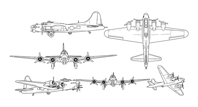 Vintage bomber aircraft blueprint black and white line drawing