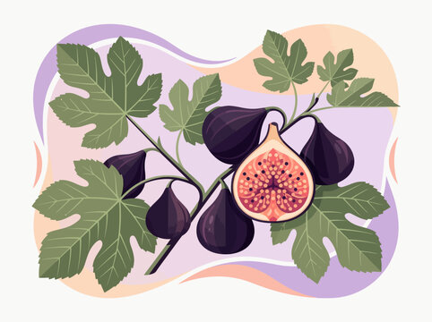 Stylized Vector Illustration of Fresh Figs on a Branch with Green Leaves, Half Fig Showing Interior Seeds, Flat Design Fruit Background for Food and Health Concepts