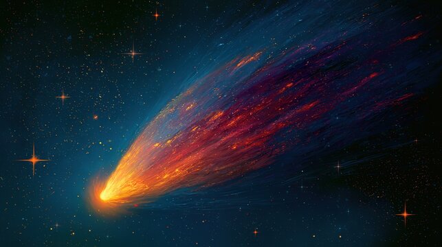 Blazing Meteor with Fiery Glowing Trail in Star-Filled Deep Space, Dramatic Cosmic Celestial Phenomenon, Outer Space Scene Ideal for Sci-Fi Designs, Wallpapers and Creative Projects