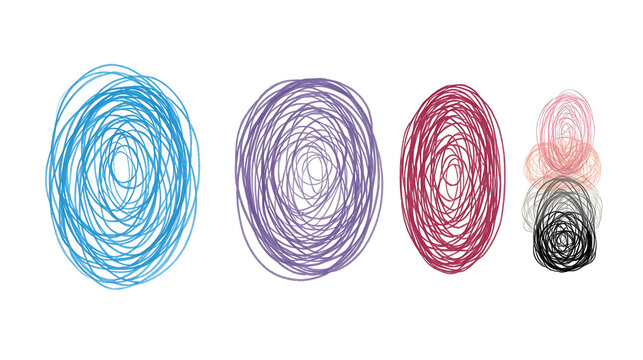 This image appears to be a digital graphic illustrating a set of hand-drawn scribbles or chaotic doodle objects in various colors and sizes