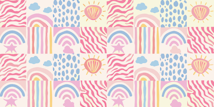 weather pattern with rainbows sun clouds and raindrops vector illustration