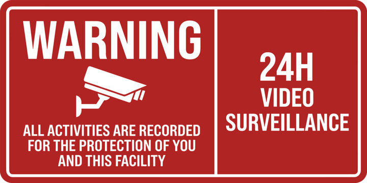 Security warning sign vector design featuring 24 hour video surveillance notice and CCTV monitoring protection signage.