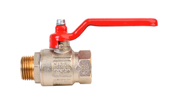  Brand new brass ball valve with red lever handle isolated on white.