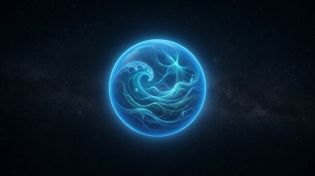 Abstract Glowing Blue Orb with Swirling Waves in Dark Space