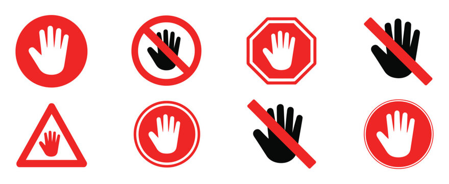 Red forbidden signs featuring dont touch icons no entry hand labels and ban or prohibited symbols suitable for safety signage restricted areas and warning system vector illustration design set.