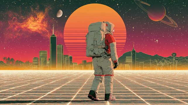 Retro Futuristic Synthwave Astronaut Walking on Glowing Grid Toward Futuristic City Skyline with Palm Trees, Under Cosmic Sunset Featuring Planets, Nebula and Starry Sky