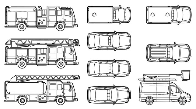 Emergency Vehicle Line Art Set: Fire Truck, Police Car, Ambulance, and Utility Van Outlines for Blueprints and Icons