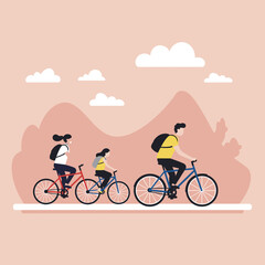 Fototapeta premium A family of three, a man, a woman, and a child, riding bicycles together on a path with hills and clouds in the background, enjoying a leisure activity.