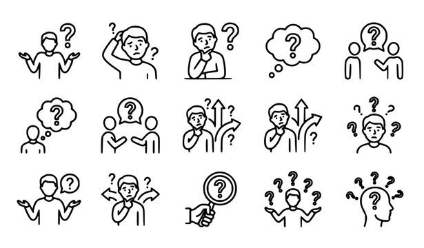 A vector illustration of uncertainty and questioning concepts represented as a clean outline icon collection arranged evenly on a solid white background. The set includes question marks, confused user