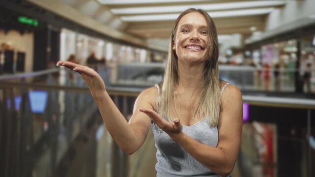 Woman smiling with palm up presenting in a busy airport concourse near shops and railing, wearing tanktop and jeans, frontal pose and open hand; happiness welcome.