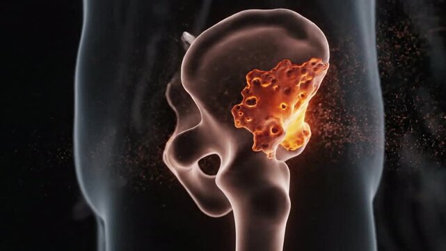 3d medical animation of damaged hip bone, showing inflammation and bone degradation, representing joint pain and arthritis