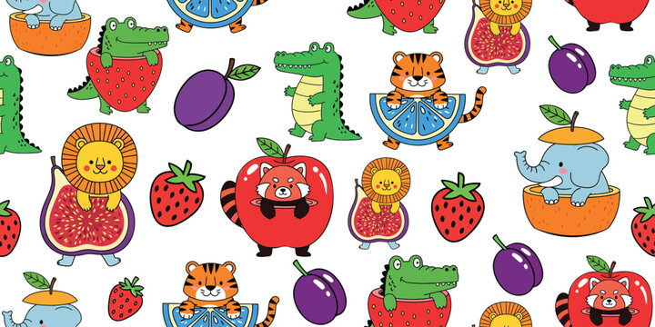 Adorable animals in colorful fruits seamless pattern vector for children
