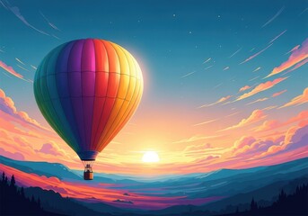 Fototapeta premium A majestic colorful hot air balloon floating high above the landscape during a beautiful sunrise or sunset scenic journey, leisure, floating, ride