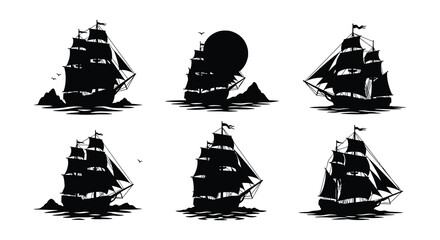 Sailing ship silhouettes with ocean and islands black vector set © Nayem