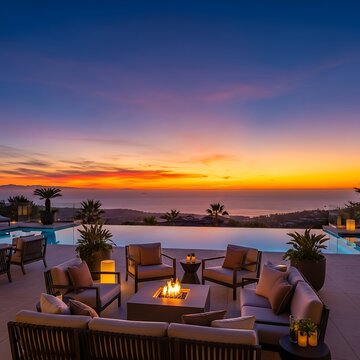 Luxurious outdoor lounge with infinity pool and ocean sunset
