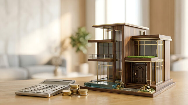 Financial planning and investment concept with a modern architectural house model and calculator on a table