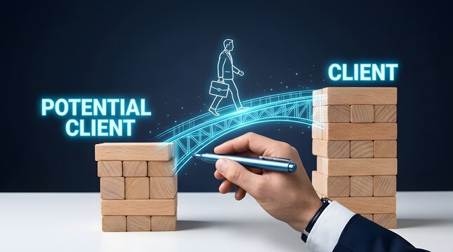 Hand drawing bridge between potential client to client wooden blocks showing sales conversion marketing strategy customer acquisition lead generation business growth funnel