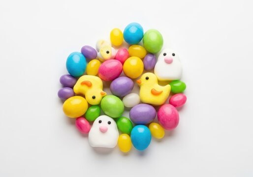 Colorful pastel sugar eggs, jelly beans, and marshmallow chicks arranged brightly for a festive Easter holiday celebration and sugary indulgence, background, tradition, delight