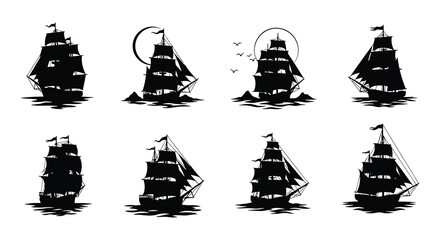 Sailing ship silhouettes with ocean and islands black vector set © Nayem