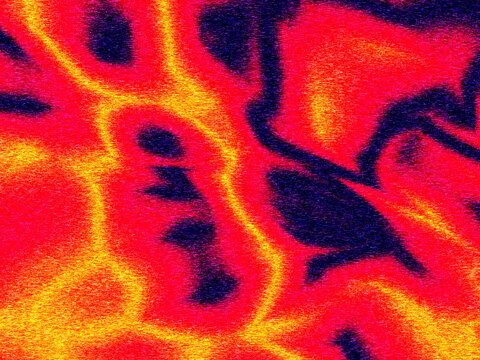 Fiery abstract texture with intense red yellow and blue highlights resembling liquid lava or thermal heat map.