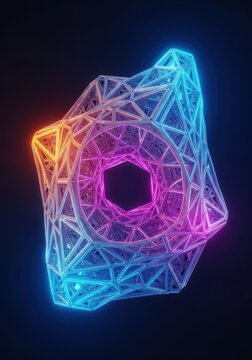 Dynamic abstract three dimensional rendering of a complex geometric structure undergoing innovation and digital transformation, formation, reorganization, movement