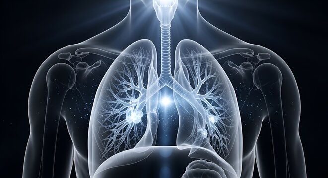 Detailed digital illustration of human respiratory system highlighting lungs and trachea in a professional medical style