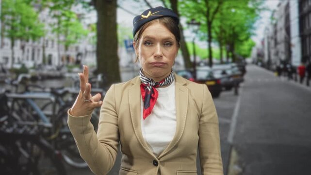 Woman flight attendant on street with hand raised showing three fingers, scarf and cap visible; exasperation professionalism.
