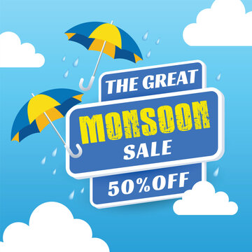 The great monsoon sale fifty percent off sign with rain clouds and colorful umbrellas background