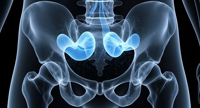 Detailed digital illustration of human pelvic bones and internal organs highlighting skeletal structure and anatomical details