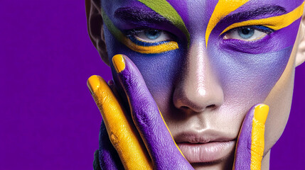 Close up portrait of woman with creative purple and yellow makeup on face and hands. conceptual beauty and body art on violet background with copy space. artistic female model with vivid face paint.