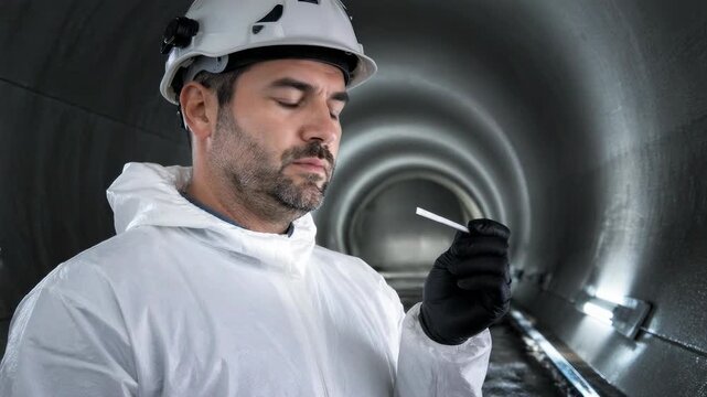 Professional technician in protective gear examining sample inside a dark industrial tunnel, representing expert hazardous material assessment and safety inspection procedures in modern facilities.