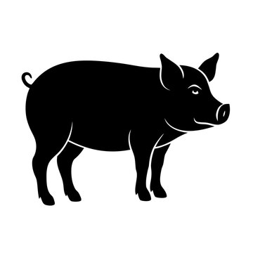 Black silhouette of pig standing on transparent background farm animal profile view vector
