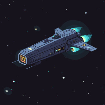 A pixel art style spaceship with glowing engines and windows flying through a starry dark space.