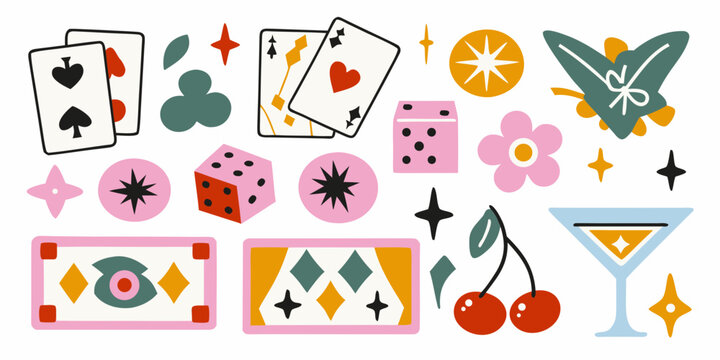 Retro casino elements illustration with playing cards dice and cherries