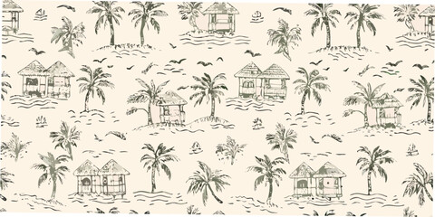Tropical island pattern with palm trees and thatched huts hand drawn style © Kabita