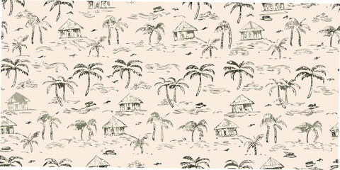 Tropical island pattern with palm trees and huts hand drawn style © Kabita
