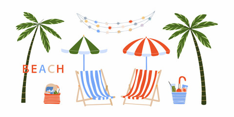 beach scene with chairs umbrellas and palm trees illustration © Kabita
