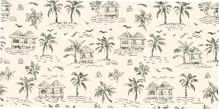 Tropical island pattern with palm trees and thatched huts hand drawn style